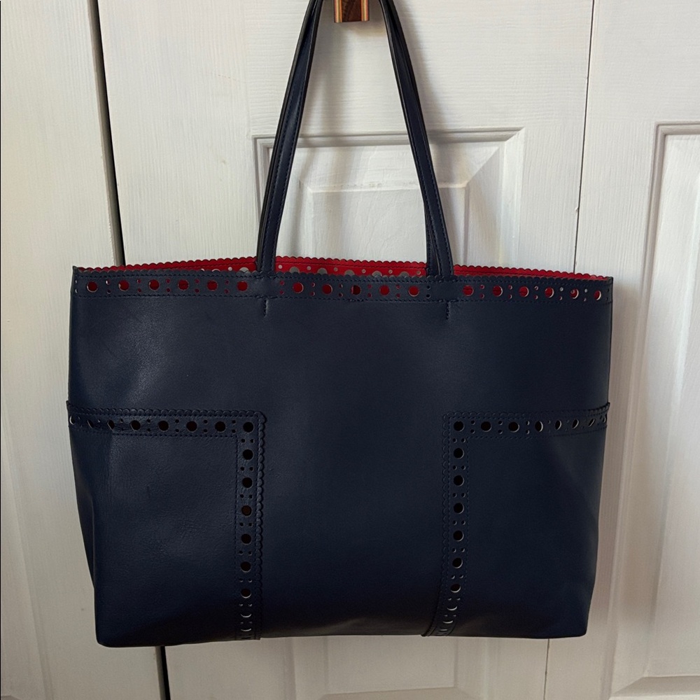 Tory Burch Block T Brogue Leather Tote Blue - Picture 6 of 12